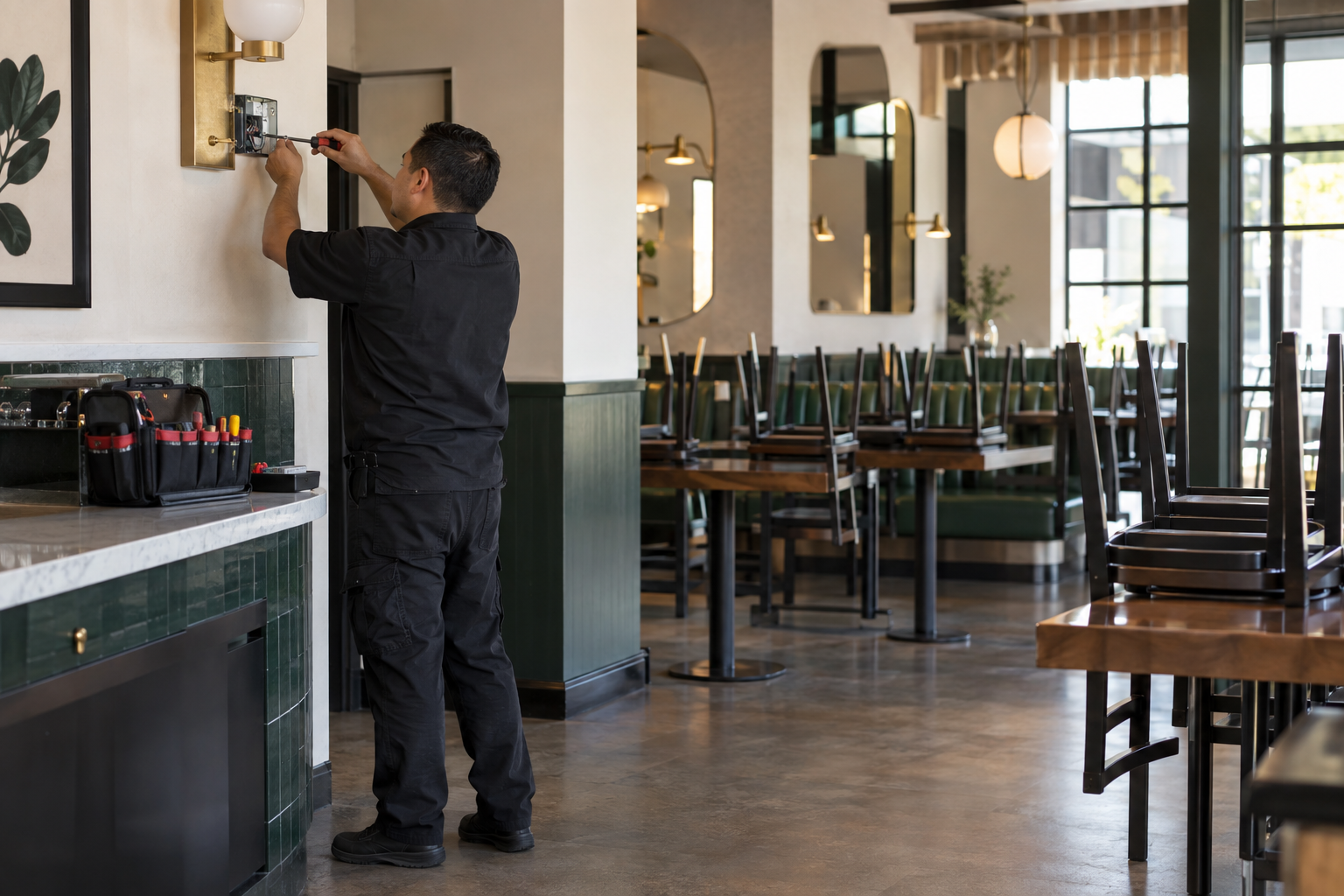 Técnico realizando mantenimiento general en un restaurante vacío.
